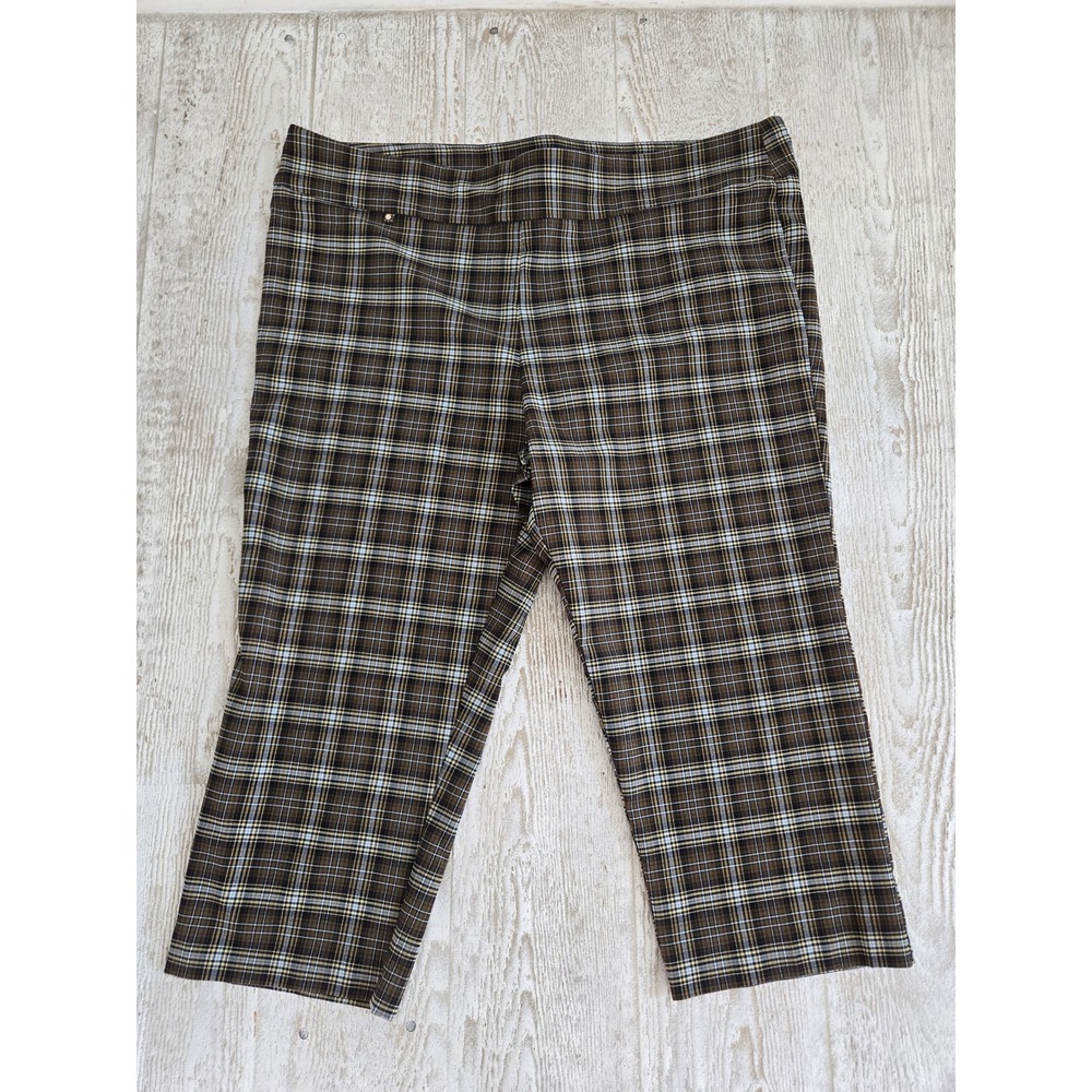 LC by Laura Cruz Brown Blue Plaid Pull On Cropped Trousers Size 24 Preppy Plaid